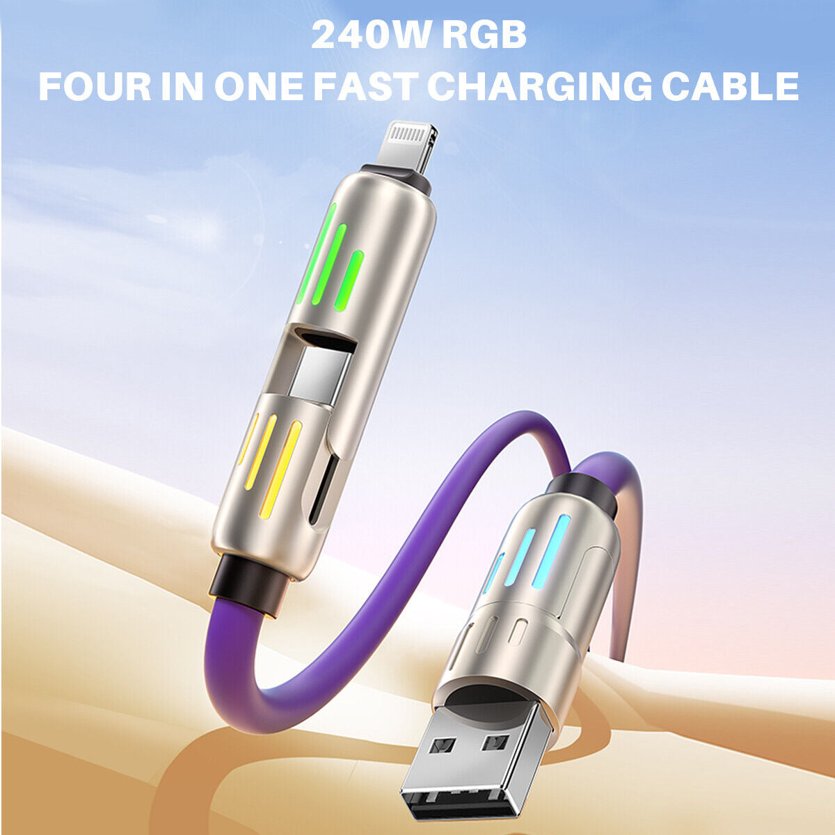 4 in 1 USB C Cable 240W Fast Charging & Data Sync Multi Silicone RGB Charge Cord